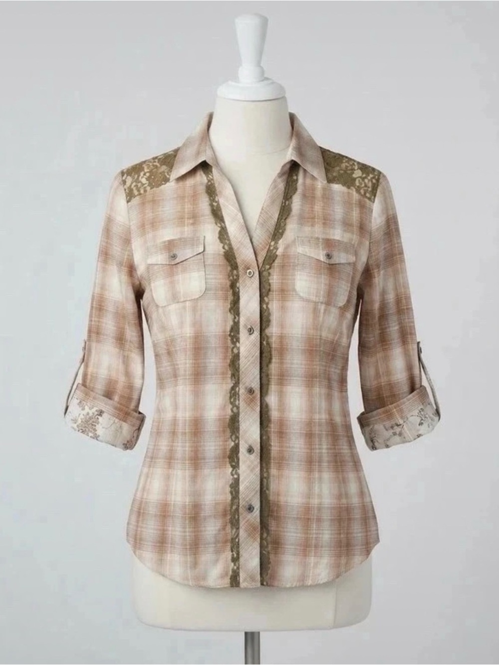 Passport Taupe Plaid Lace-Trim Button Down Shirt